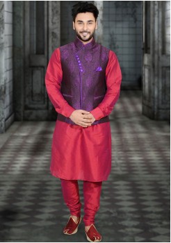 RED AND PURPLE MENS KURTA JACKET SET